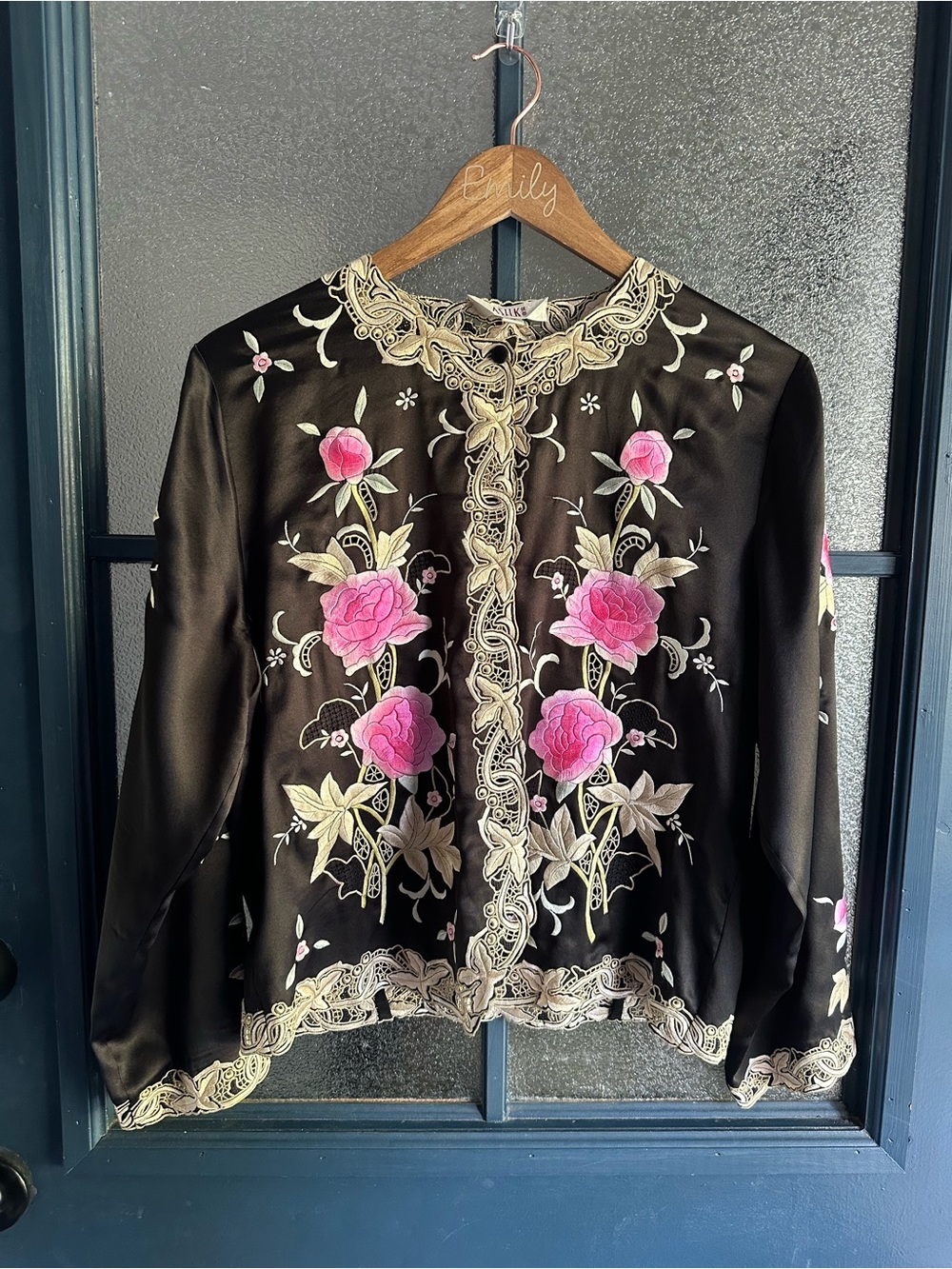 “Wearable Art” - Black Silk Embroidered Floral Top